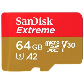 Карта памяти 64Gb SanDisk Extreme microSDXC Class 10 UHS-I U3 V30 A2 + SD адаптер, Производитель: SanDisk, Версия: Extreme, Объём памяти: 64 Гб, Комплектация: только карта