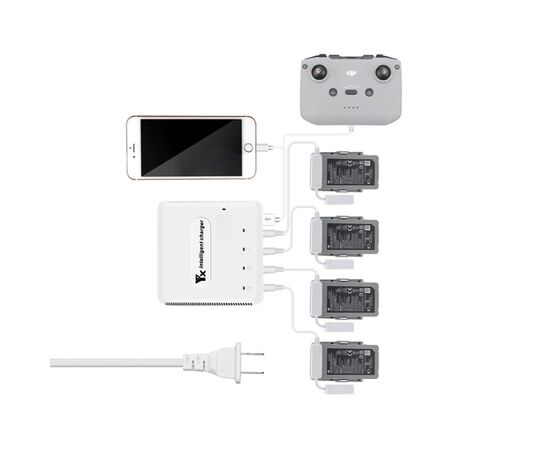 Многофункциональное зарядное устройство для 4 аккумуляторов DJI Mavic Air 2 / Air 2S, пульта и мобильного устройства (YX)