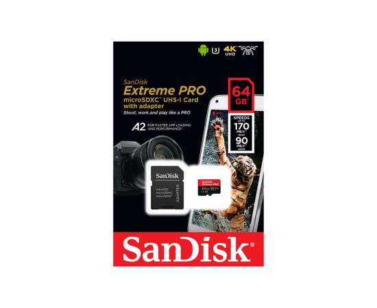Карта памяти 64Gb SanDisk Extreme Pro microSDXC Class 10 UHS-I U3 V30 A2, Производитель: SanDisk, Версия: Extreme Pro, Объём памяти: 64 Гб, Комплектация: карта + SD адаптер, изображение 2