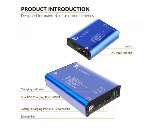 Зарядное устройство для 3 аккумуляторов DJI Mavic 3, пульта и мобильного устройства (YX), изображение 6