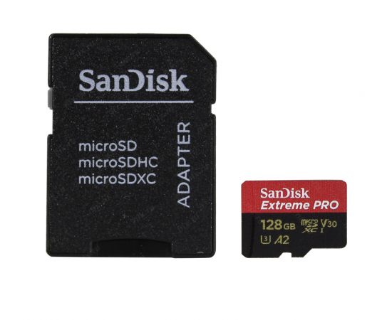 Карта памяти 128Gb SanDisk Extreme Pro microSDXC Class 10 UHS-I U3 V30 A2, Производитель: SanDisk, Версия: Extreme Pro, Объём памяти: 128 Гб, Комплектация: карта + SD адаптер