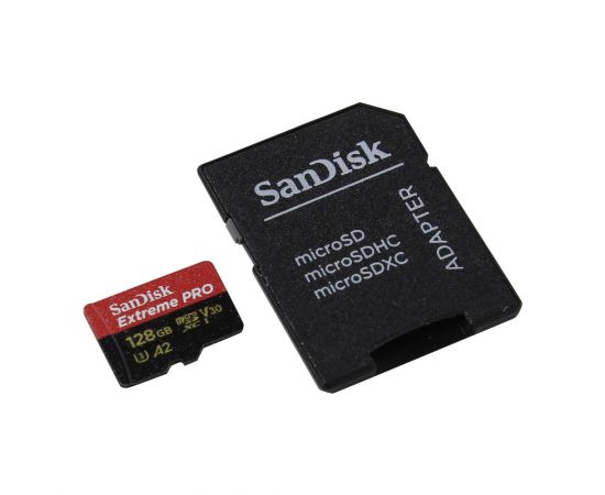 Карта памяти 128Gb SanDisk Extreme Pro microSDXC Class 10 UHS-I U3 V30 A2, Производитель: SanDisk, Версия: Extreme Pro, Объём памяти: 128 Гб, Комплектация: карта + SD адаптер, изображение 3
