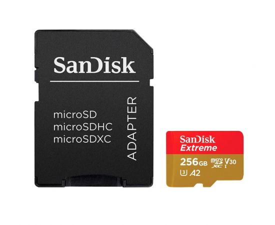 Карта памяти 256Gb SanDisk Extreme microSDXC Class 10 UHS-I U3 V30, Производитель: SanDisk, Версия: Extreme, Объём памяти: 256 Гб, Комплектация: карта + SD адаптер