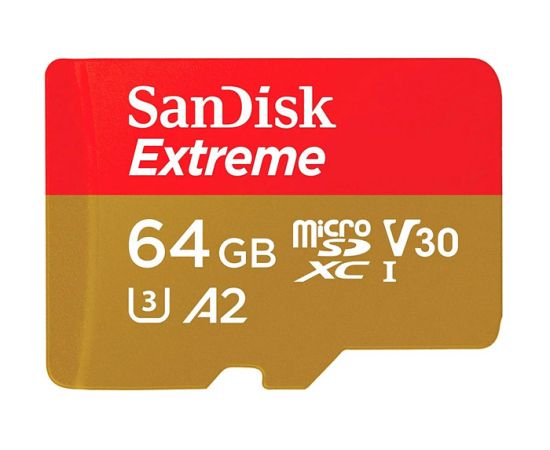 Карта памяти 64Gb SanDisk Extreme microSDXC Class 10 UHS-I U3 V30 A2, Производитель: SanDisk, Версия: Extreme, Объём памяти: 64 Гб, Комплектация: карта + SD адаптер, изображение 2