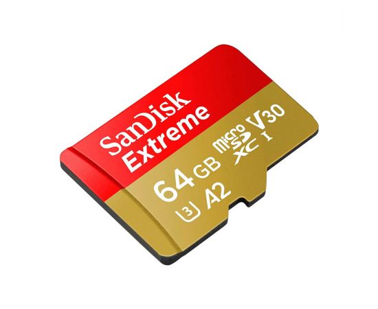 Карта памяти 64Gb SanDisk Extreme microSDXC Class 10 UHS-I U3 V30 A2, Производитель: SanDisk, Версия: Extreme, Объём памяти: 64 Гб, Комплектация: карта + SD адаптер, изображение 3