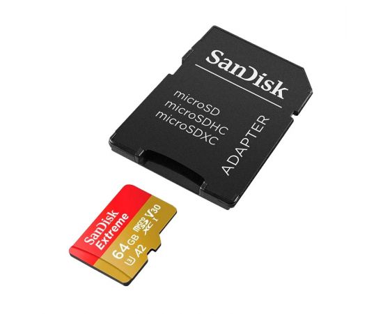 Карта памяти 64Gb SanDisk Extreme microSDXC Class 10 UHS-I U3 V30 A2, Производитель: SanDisk, Версия: Extreme, Объём памяти: 64 Гб, Комплектация: карта + SD адаптер, изображение 4