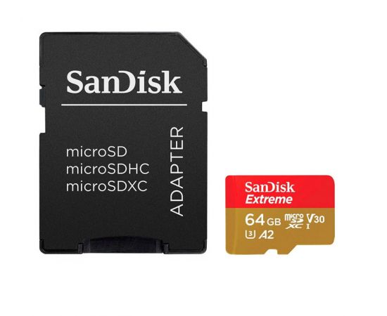 Карта памяти 64Gb SanDisk Extreme microSDXC Class 10 UHS-I U3 V30 A2 + SD адаптер, Производитель: SanDisk, Версия: Extreme, Объём памяти: 64 Гб, Комплектация: карта + SD адаптер