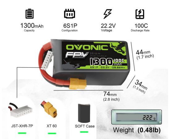 Аккумулятор OVONIC 1300мАч 6S 100C LiPo (XT60), изображение 2