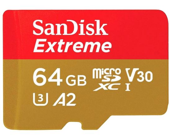 Карта памяти 64Gb SanDisk Extreme microSDXC Class 10 UHS-I U3 V30 A2, Производитель: SanDisk, Версия: Extreme, Объём памяти: 64 Гб, Комплектация: только карта