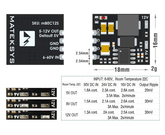 Плата BEC MATEKSYS Micro с 6 - 60 В на 5 / 9 / 12 В (регулируемый выход), Версия: с 6-60 В на 5/9/12 В, изображение 2
