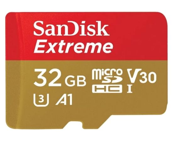 Карта памяти 32Gb SanDisk Extreme microSDHC Class 10 UHS-I U3 V30 + SD адаптер, Производитель: SanDisk, Версия: Extreme, Объём памяти: 32 Гб, Комплектация: только карта