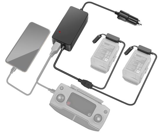 Автомобильное зарядное устройство для 2 аккумуляторов и пульта DJI Mavic 2 повышенной мощности (2 USB) (YX)