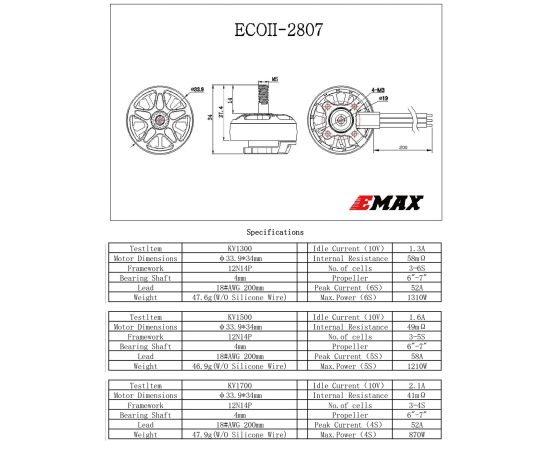 Мотор EMAX ECO II 2807 1300KV / 1700KV, KV моторов: 1700KV, изображение 7