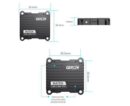 Видеопередатчик GEPRC MATEN 5,8 ГГц 2,5 Вт VTX, изображение 7
