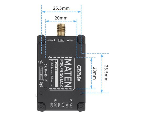Видеопередатчик GEPRC MATEN 5,8 ГГц 3 Вт VTX PRO V2, Разъём: SMA, изображение 6