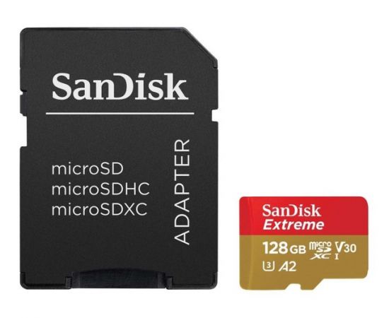 Карта памяти 128Gb SanDisk Extreme microSDXC Class 10 UHS-I U3 V30, Производитель: SanDisk, Версия: Extreme, Объём памяти: 128 Гб, Комплектация: карта + SD адаптер