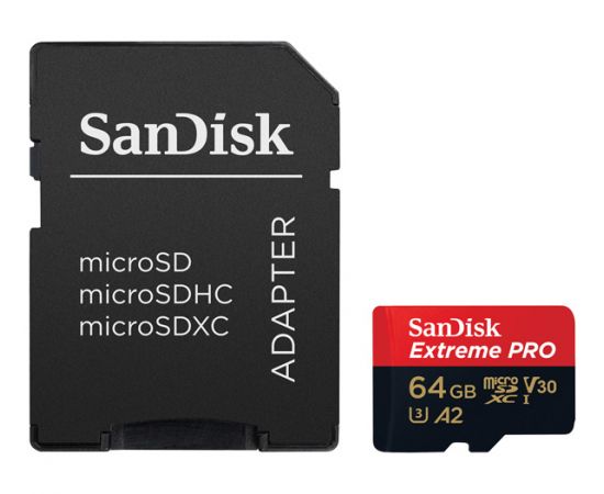 Карта памяти 64Gb SanDisk Extreme Pro microSDXC Class 10 UHS-I U3 V30 A2, Производитель: SanDisk, Версия: Extreme Pro, Объём памяти: 64 Гб, Комплектация: карта + SD адаптер